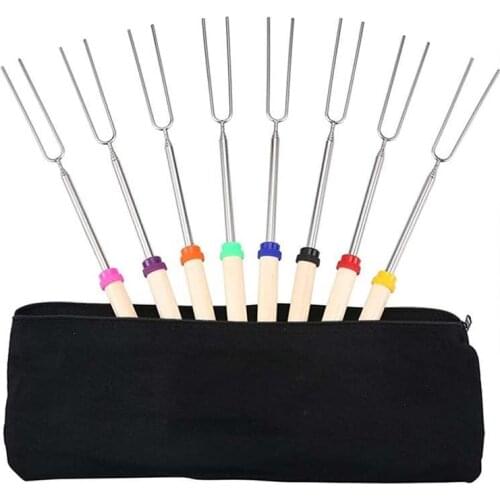8PCS Stainless Steel Barbecue Fork With Wooden Handle Outdoor Telescopic Barbecue Fork Sausage Grill Fork