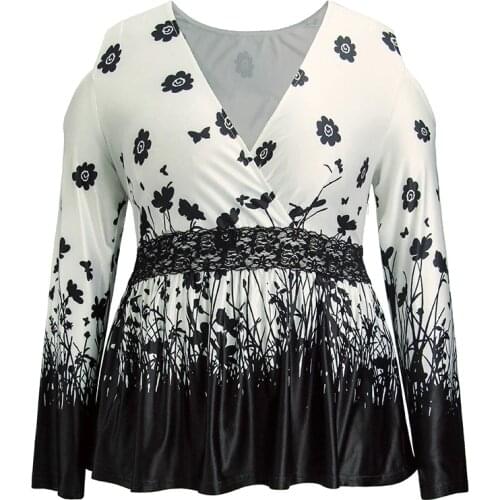 Plus Size Blouse Womens Tops Classic Style Lace Stitching Knitted Print Long-sleeved Loose Casual Shirts Blusas Female TA19007