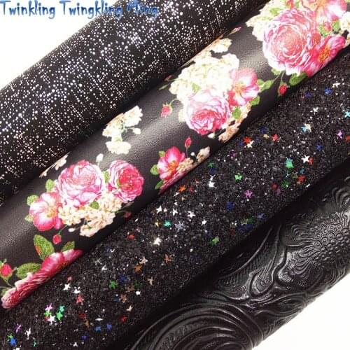 Black Glitter leather, Flowerss Printed Faux Fabric, Faux Leather Sheets For Bow A4 21x29CM Twinkling Ming KM235