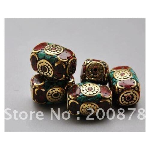 DIY Loose Beads NBB322 Nepal handmade brass inlaid turquoise loose beads,18*12mm,vintage beads