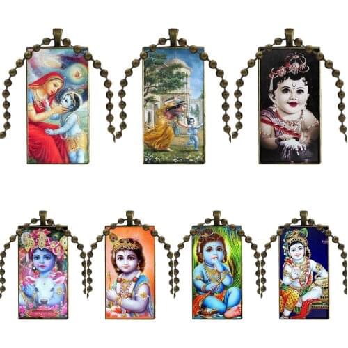 For Women Indian Lord Radha Baby Krishna Fashion Necklace Handmade Rectangle Shape Choker Necklace Jewelry Multi Designs