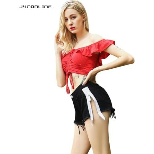 JYConline Zipper Fringe Black Denim Shorts Women Causal Pocket High Waist Jeans Shorts Femme Streetwear Chic Summer Shorts 2018