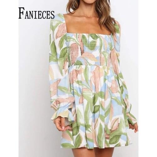 FANIECES 2021 Autumn Chiffon Flare Long Sleeve Print A-line Dresses Women Sexy V Neck Boho Vintage Beach Wear Fashion Vestidos