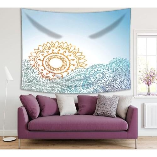 Tapestry Abstract Sunrise over the Sea Henna Doodle Style Floral Patterns Decorative Artwork Yellow Blue