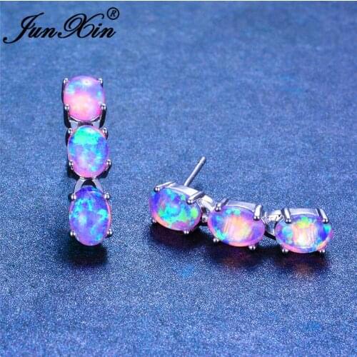 JUNXIN Luxury Oval Stone Blue White Fire Opal Earrings For Women Silver Color Green Purple Bar Stud Earrings Wedding Jewelry