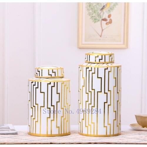 Creativity Ceramic Vase Golden with Cover Storage Jar Modern Home Desktop Flower Arrangement Storage Organization Decoration