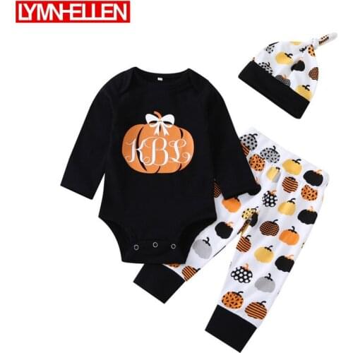 3pcs Set Newborn Kid Baby Boy Girl Outfit Clothes Pumpkin Romper + Pants + Hats Fruit Halloween Costume Clothing Thanksgiving