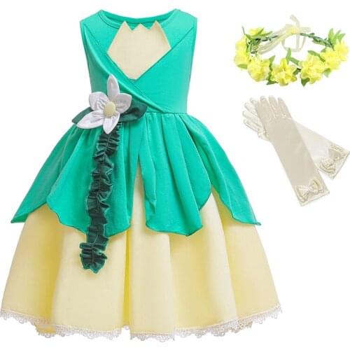 Girls Princess and the Frog Costume Princess Tianna Dress Kids Cosplay Clothes Green Floral Cotton Gown Tianna Party Fancy Dress
