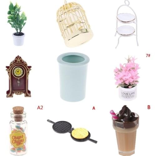 Dollhouse Furniture Toys Doll House Decoration Accessories Green Potted Plant Bird Cage Trash Can Candy Bottle Milk Tea Clock