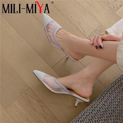 MILI-MIYA New Arrival Women Breathable Mesh Mules Pointed Toe Slip On Solid Color Square Heels Dress Party Summer Shoes