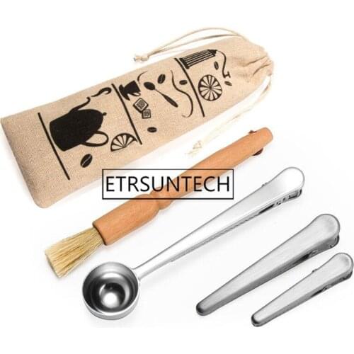 20sets Coffee Cleaning Brush Espresso Machine Brush Stainless Steel Sealing Clip with Spoon Coffee Tool Sets