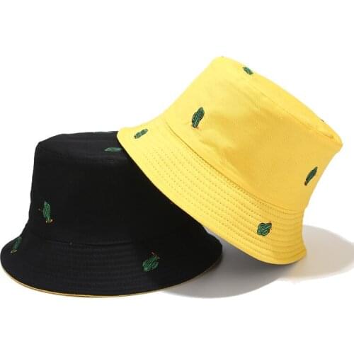 Women Cactus Embroidery Bucket Hat Reversible Plants Fishermant Hat Panama Foldable Double Sided Cotton Beach Cap