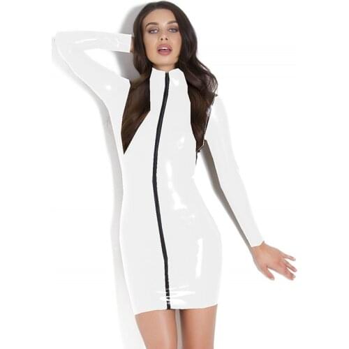 Plus Size Sexy PVC Leather Bodycon Dress Women Long Sleeve High Neck Front Zipper Elastic Mini Dresses Party Club Wear Vestido