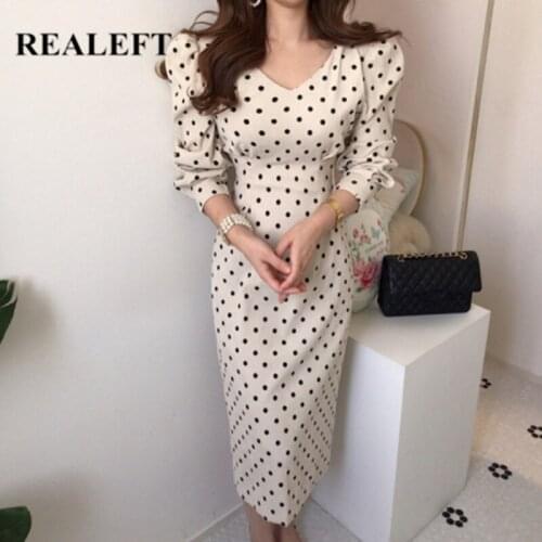 REALEFT 2021 New Spring Autumn Corduroy Women Midi Dress Lace Up Puff Sleeve V-Neck Polka Dots Elegant Female Wrap Dress Ladies
