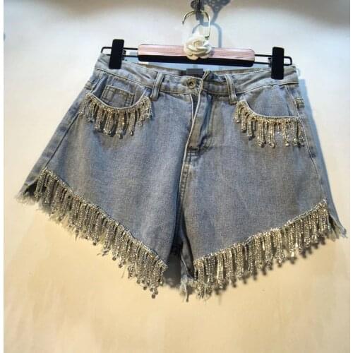 2019 Cotton Rushed Women Shorts Short Jeans Womens New Cowboy Heavy Work Vertical Studded Tassel High Waist Wide Leg Female
