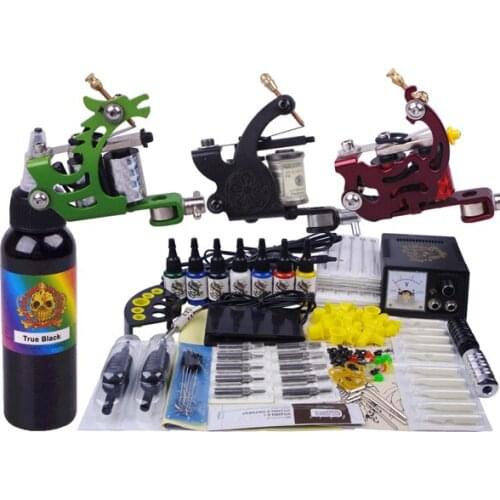 Professional 3 Machines Tattoo Gun Pen Tattoo Kit Machine Power 7 Colors Inks Foot switch Needles Set Tattoo Studio Supplies