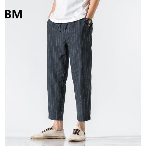 Chinese Style Cotton Linen Cropped Trousers Mens Clothing Summer Thin Plus Size Loose Striped Pants 5xl Retro Casual Pants