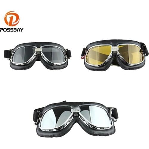 POSSBAY Yellow/Silver Lens Vintage Glasses for Harley Motorcycle Helmet Goggles Scooter Glasses Pilot Cruiser Steampunk