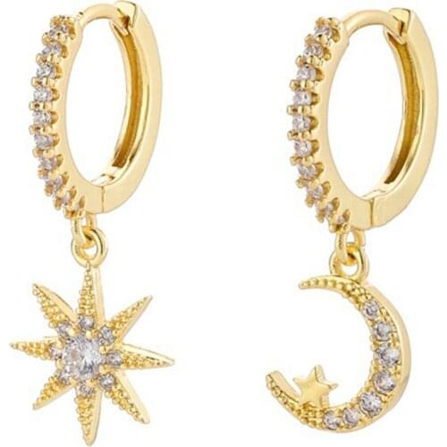 South Korean Niche Design Diamond Zircon Star Moon Asymmetrical Earrings Simple And Versatile Temperament Earrings
