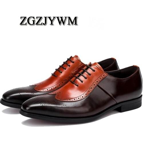 ZGZJYWM High Quality Fashion Spring/Autumn Red/Brown Genuine Leather Flat Oxford Lace-Up Dress Wedding Shoes For Men 38-46