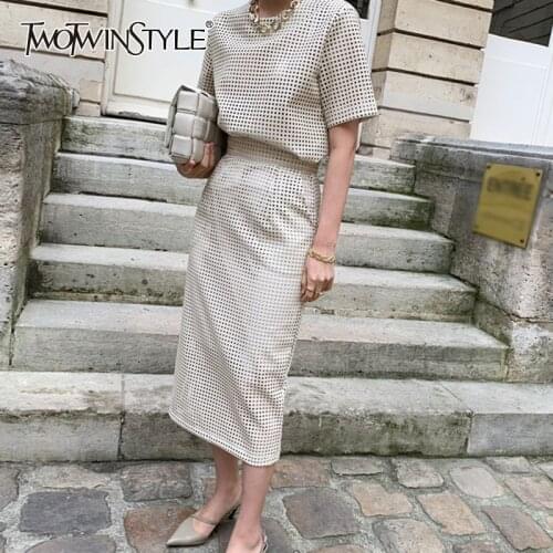 TWOTWINSTYLE Loose Two Piece Set For Women O Neck Short Sleeve T Shirt High Waist Straight Mid Skirts Hollow Out Sets Female New