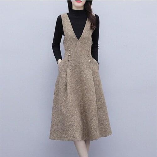Autumn Winter Tweed 2 Piece Set Women Slim Woolen Overall Dress Set Fashion Turtleneck Sweater +V-neck Vest Dress Suit New e277