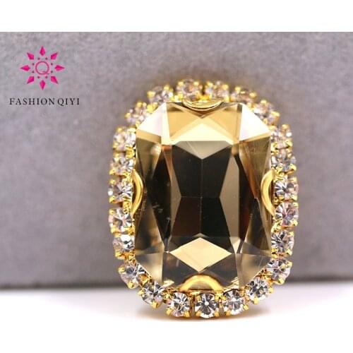 Free shipping Gold base Rectangular octagonal Light Coffee sew on rhinestones glass Crystal button DIY clothing accessories