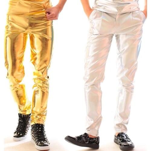 Gold silver motorcycle faux leather pants men slim trousers pu pants for men pantalon homme punk fashion singer dance stage rock