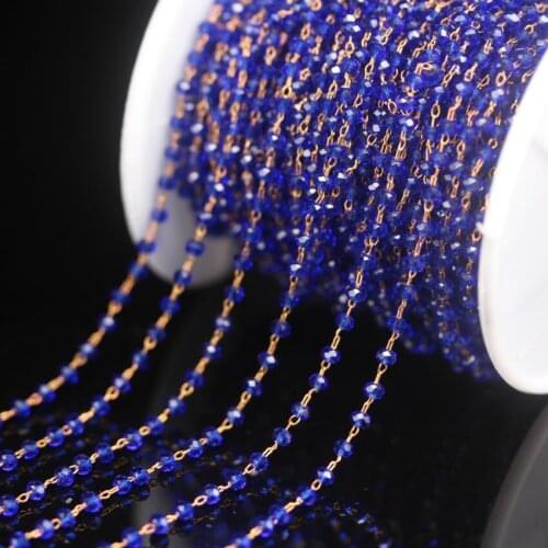 DIY Necklace Jewelry Crafts,2x3mm Brillant Blue Clear Glass Rosary Chain,Faceted Rondelle Beads Link Brass Wire Wrapped Chains