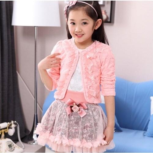 2021 Childrens Clothing Spring Female Girl Princess Dress Lace Embroidered Skirt Piece Set Coat+tshirt+dress Set Free Shipping