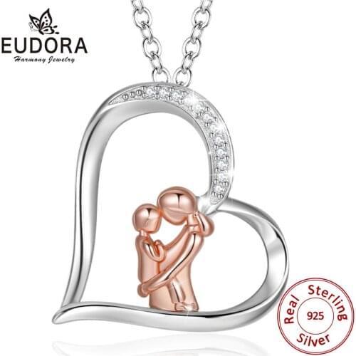 EUDORA 925 Sterling Silver Popular Mother and Daughter Heart necklace with CZ Love "Mom" Necklace Mothers birthday Gifts D517