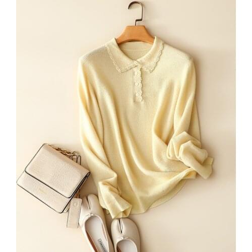 European fashion winter new styles luxury 100% cashmere sweater women half buttons turn-down collar pullovers knitted chic tops