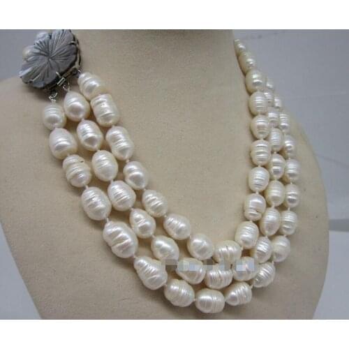 Beautiful 3 row 12-13mm natural south sea white baroque pearl necklace 17-19"
