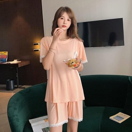 Modal Pajamas Womens Summer Korean Female Nightwear Short Sleeve Shorts Solid Round Neck 2Pcs Suit Home Wear Sexy Sleepwear