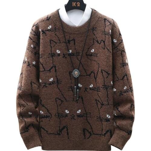 Mens Winter Casual Sweaters Cartoon Cat Pattern Men Pullover Fit Knitted Round Neck Male Funny Sweater Thicken Warm Kitten Cute