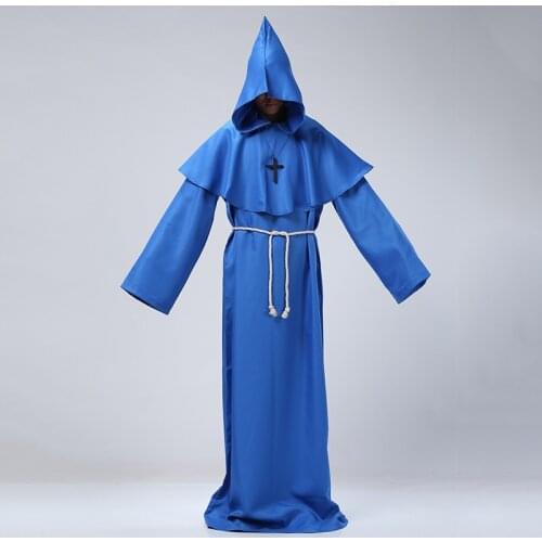 Mens Vestido Medieval Wizard Costume Women Vintage Renaissance Monk Cosplay Cowl Friar Priest Hooded Robe Rope Cloak Cape Dress