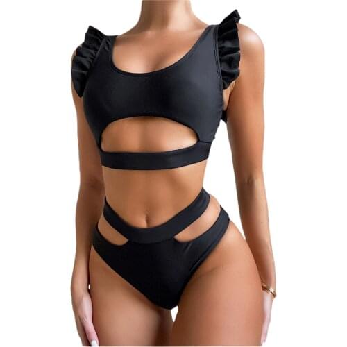Hirigin New Women Two-piece Swimsuit Solid Color Fly Sleeve Hollow Out Vest Tops Bikini And Briefs Ruffle Sexy Hollow Summer