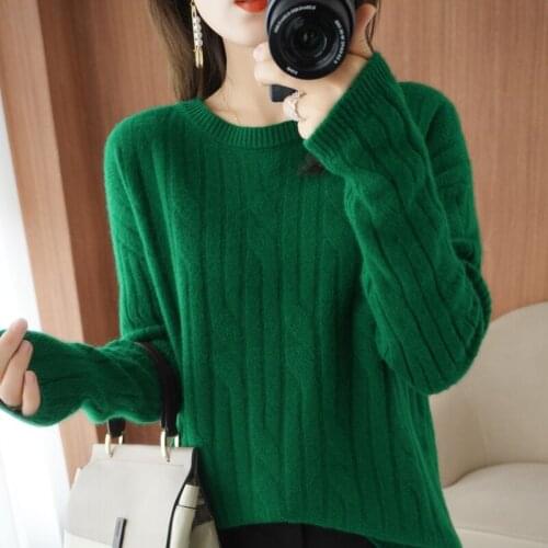 2021 autumn/winter new 100% wool sweater women casual solid color round neck cashmere sweater plus size ladies loose top hot