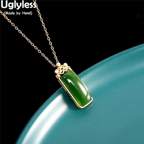 Uglyless Blank Gemstones Green Jade Necklaces for Women Natural Jasper Pearls Rectangle Square Pendants + Chain 925 Silver Jewel