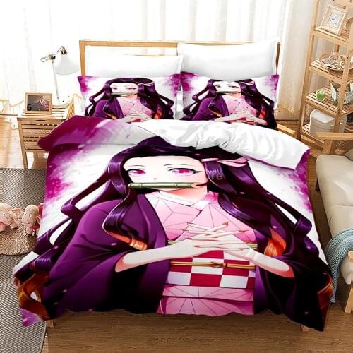 Demon Slayer Anime Bedding Set Nezuko Kamado Comforter Duvet Cover Sets Kids Kawaii Bed Linen Twin Queen King Size Home Decor