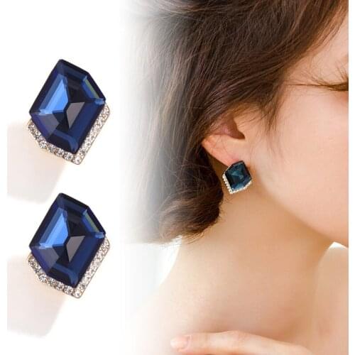 CHIMERA Luxury Korean Stud Earrings Blue Crystal Zircon Stone Fashion Geometric Vintage Jewelry for Women Ladies