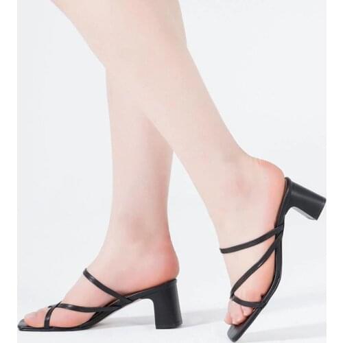 Callizio Womens Genuine Leather Slippers Elegant Sandals for Woman Cross Tied Outside Female Slides Thick Heel Summer Shoes