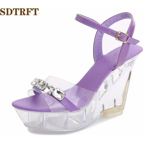 SDTRFT shoes woman Transparent platform Wedges Stilettos zapatos mujer 10cm High-Heeled sandals Rhinestone Wedding Buckle Pumps