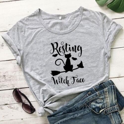 Camiseta Funny Autumn Halloween Holiday Graphic Tee Shirt Top Resting Witch Face Halloween T-shirt Trendy Witch Black Cat Tshirt