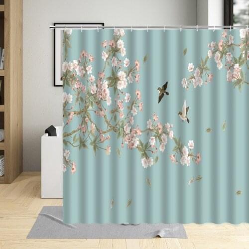 Chinese Style Flower Bird Shower Curtain Bathroom Home Decor Floral Scenery Bath Curtains Waterproof Polyester With Hooks Sets