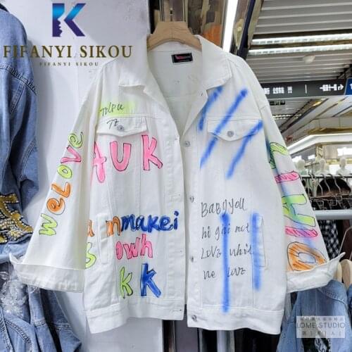 Letter Print Fashion Graffiti White Denim Jacket Women Pocket Lapel Long Sleeve Jeans Jacket Streetwear Loose Jeans Coat Female
