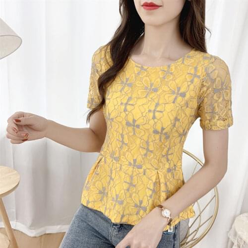Temperament Lace Shirts Elegant Hollow Out O-Neck Women Short Sleeve Floral Blouses Stylish Ladies Blusas Tops MM0966