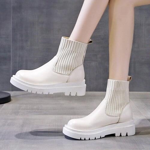 TUINANLE Boots Women Autumn Chelsea Boots Black Platform PU Leather Ankle Sock Boots High Top Waterproof Goth Booties Woman