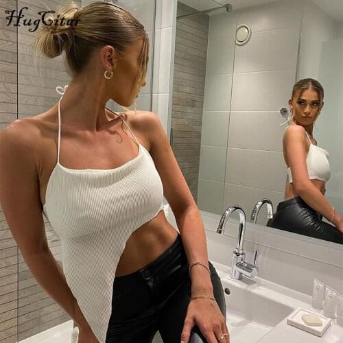 Hugciter 2020 Halter Sleeveless White Irregular Sexy Crop Top Autumn Winter Women Fashion Camis Club Clothing