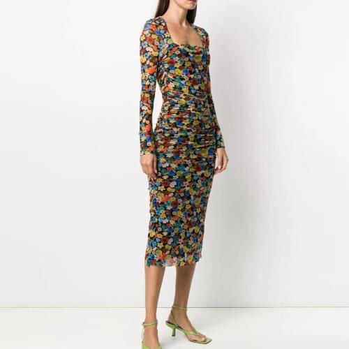 Midi Dress Women Bodycon Flower Printed Vintage Mesh Square Collar Elastic Sexy Elegant Party Boho Robe Dresses Femme Vestido Za